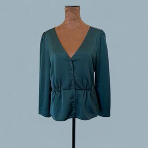 J Crew Womens 8 Green V Neck Peplum Blouse Satin Long Sleeve Top Crepe Button